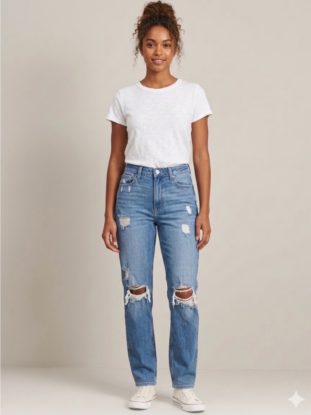 Hollister Distressed High Waist Mom Light Blue Straight-Leg Jeans Size 8